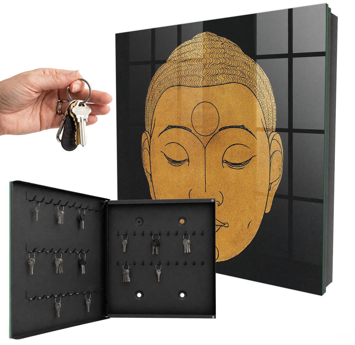 WallMuralia - Sleutelkast - 30x30x5 cm - met 50 haken - Stille Meditatie Design Sleutelkastje - Zwart Sleutelbox - Linksopenend - Zwart interieur
