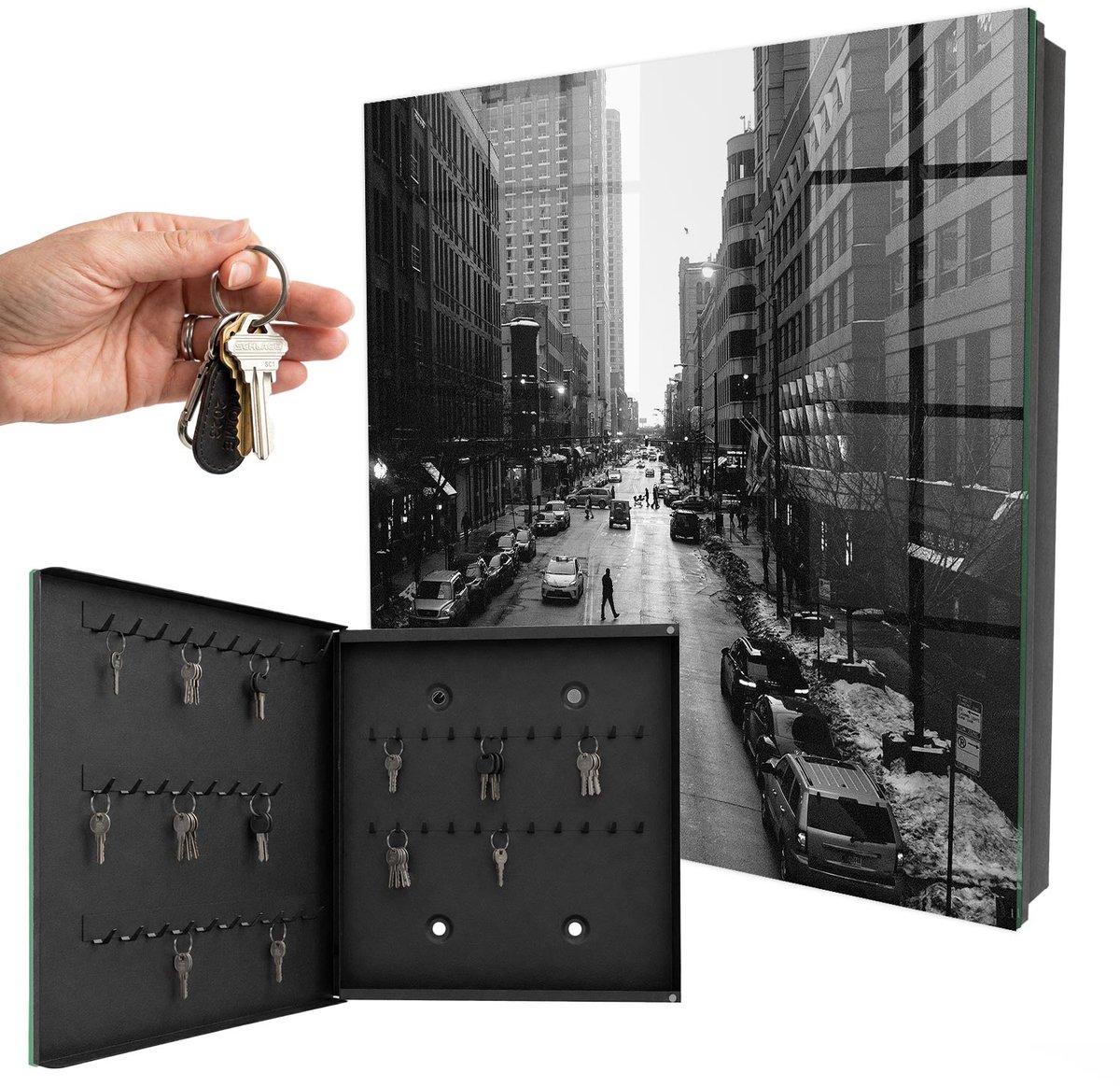 WallMuralia - Sleutelkast - 30x30x5 cm - met 50 haken - Het Dagelijks Leven In De Stad Design Sleutelkastje - Wit Sleutelbox - Linksopenend - Zwart interieur