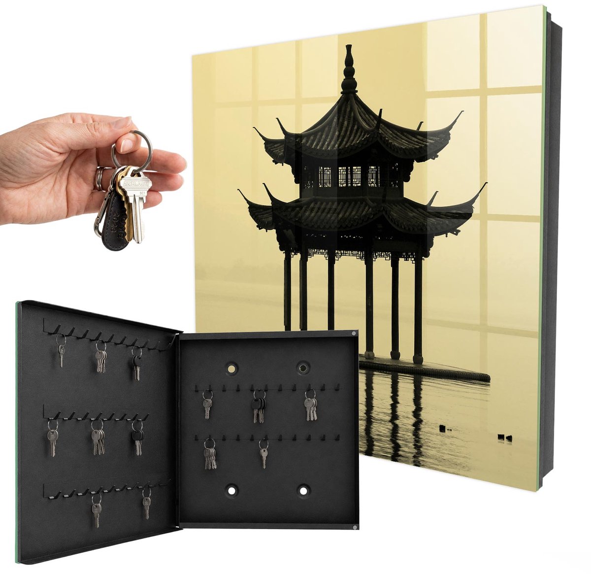 WallMuralia - Sleutelkast - 30x30x5 cm - met 50 haken - Paviljoen In Het Water Leuk Sleutelkastje - Geel Sleutelbox - Linksopenend - Zwart interieur