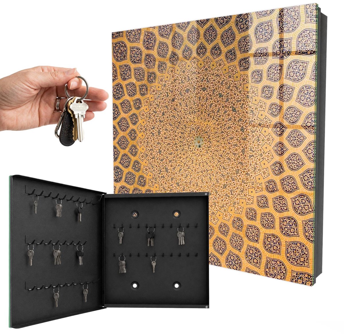WallMuralia - Sleutelkast - 30x30x5 cm - met 50 haken - Geometrisch Ornament Sleutelkastje Voor Binnen - Geel Sleutelbox - Linksopenend - Zwart interieur