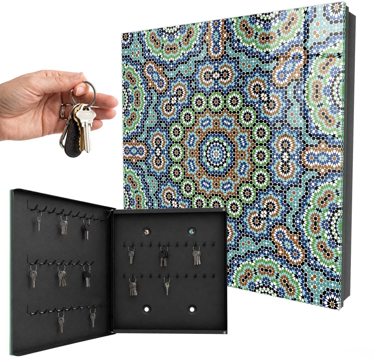 WallMuralia - Sleutelkast - 30x30x5 cm - met 50 haken - Kleurrijk Mozaïek Sleutelkastje Binnen - Blauw Sleutelbox - Linksopenend - Zwart interieur