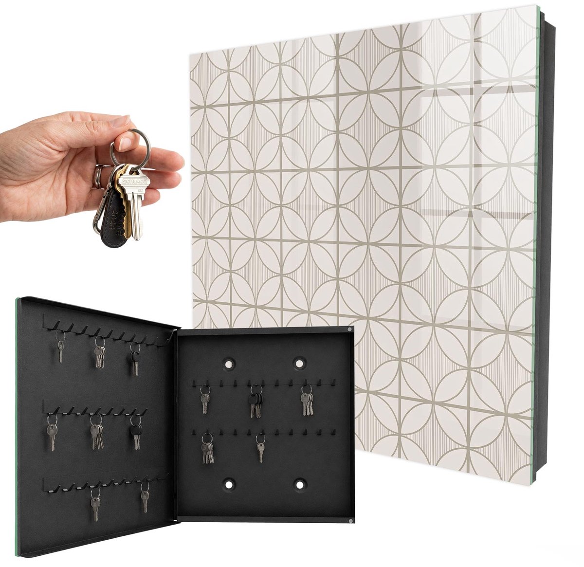 WallMuralia - Sleutelkast - 30x30x5 cm - met 50 haken - Elegante Geometrie Sleutelkastje Landelijk - Beige Sleutelbox - Linksopenend - Zwart interieur