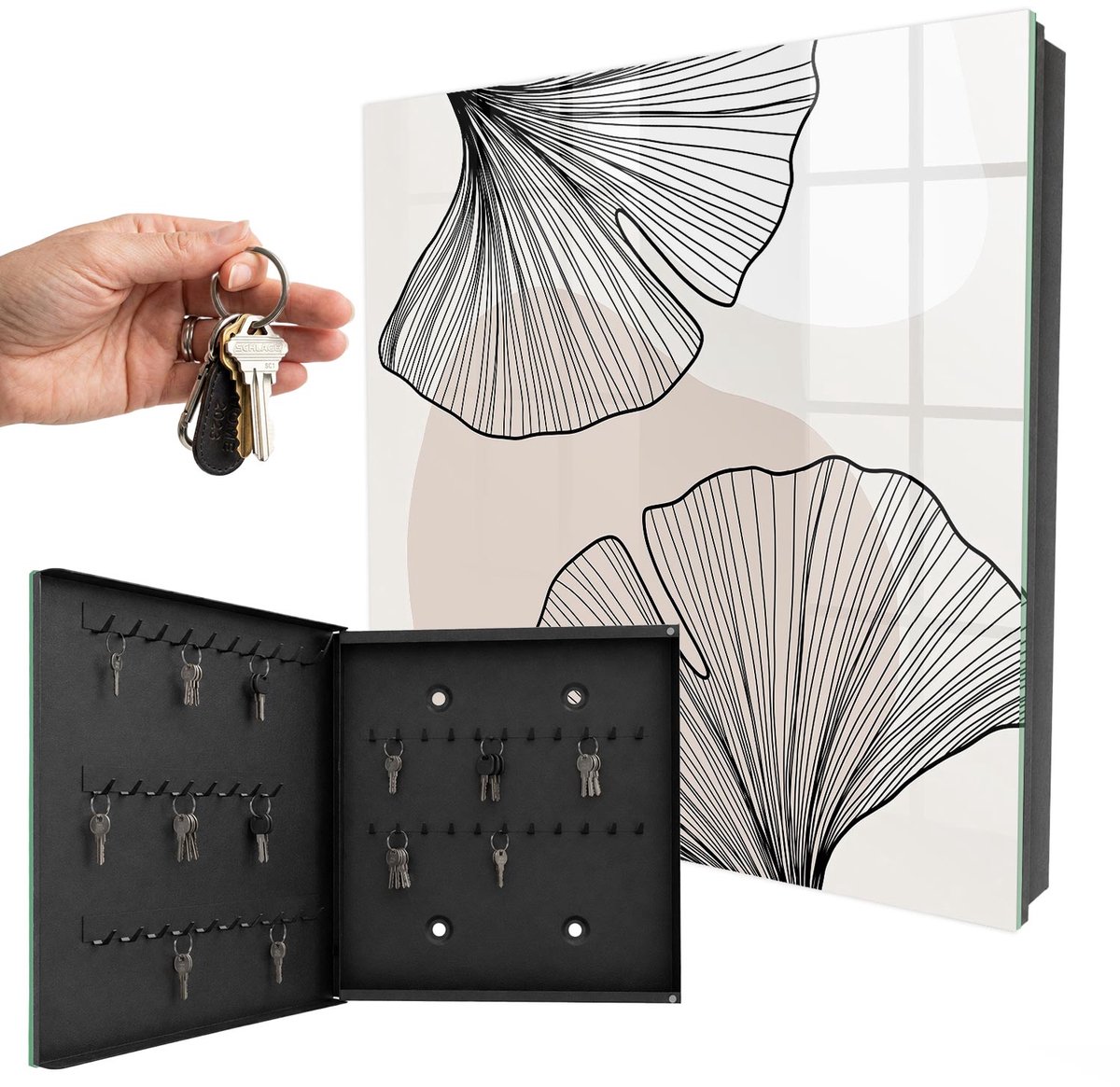 WallMuralia - Sleutelkast - 30x30x5 cm - met 50 haken - Zwarte Bladeren Sleutelkastje Klein - Romig Sleutelbox - Linksopenend - Zwart interieur
