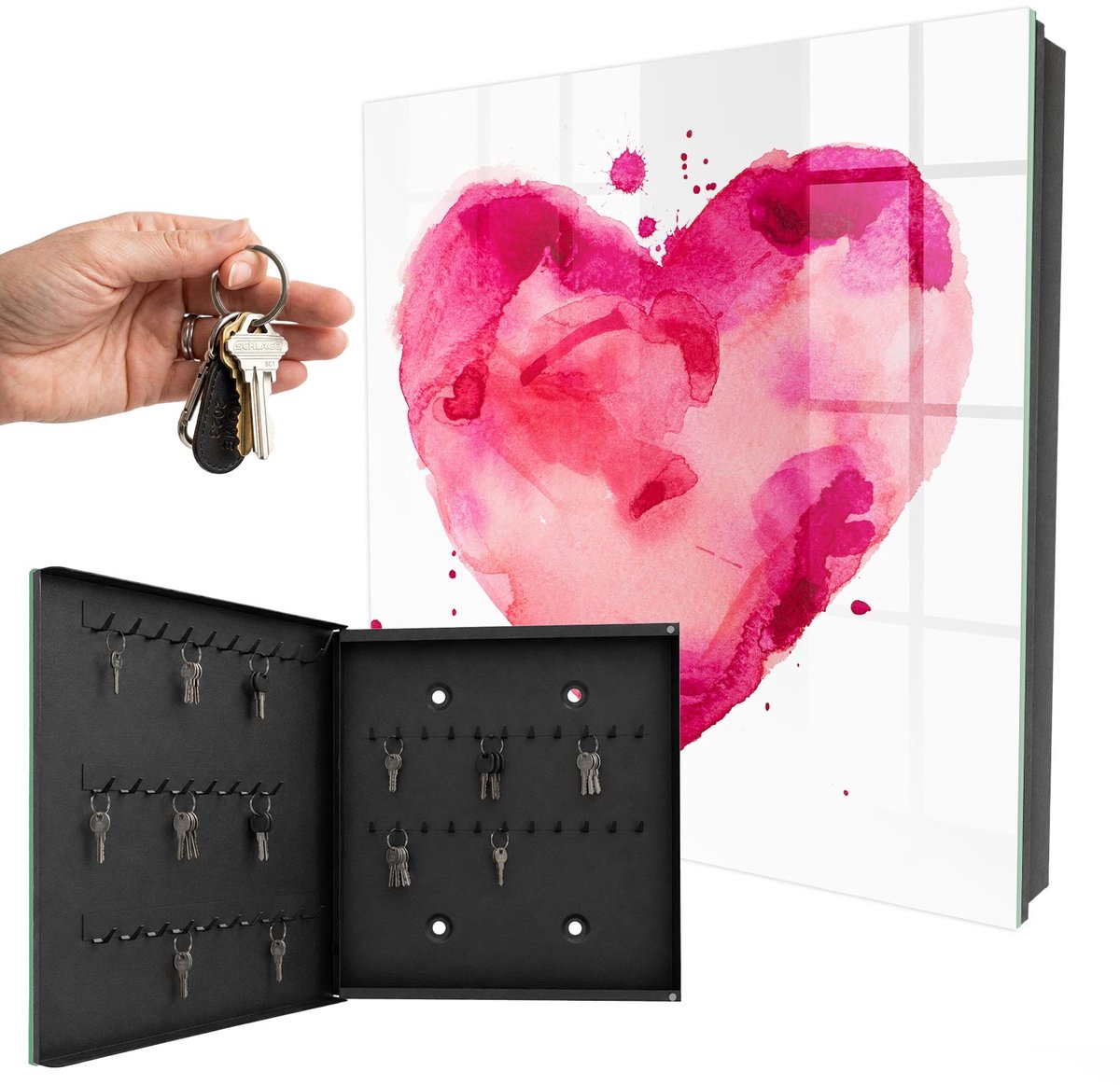 WallMuralia - Sleutelkast - 30x30x5 cm - met 50 haken - Hart Van Liefde Sleutelkastje Muur - Roze Sleutelbox - Linksopenend - Zwart interieur