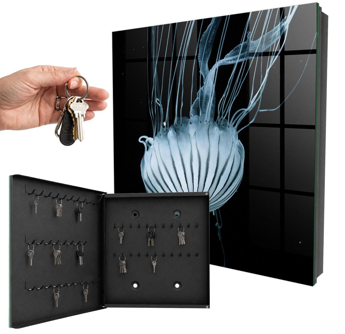 WallMuralia - Sleutelkast - 30x30x5 cm - met 50 haken - Vrede Op Zee Sleutelkastje Modern - Zwart Sleutelbox - Linksopenend - Zwart interieur