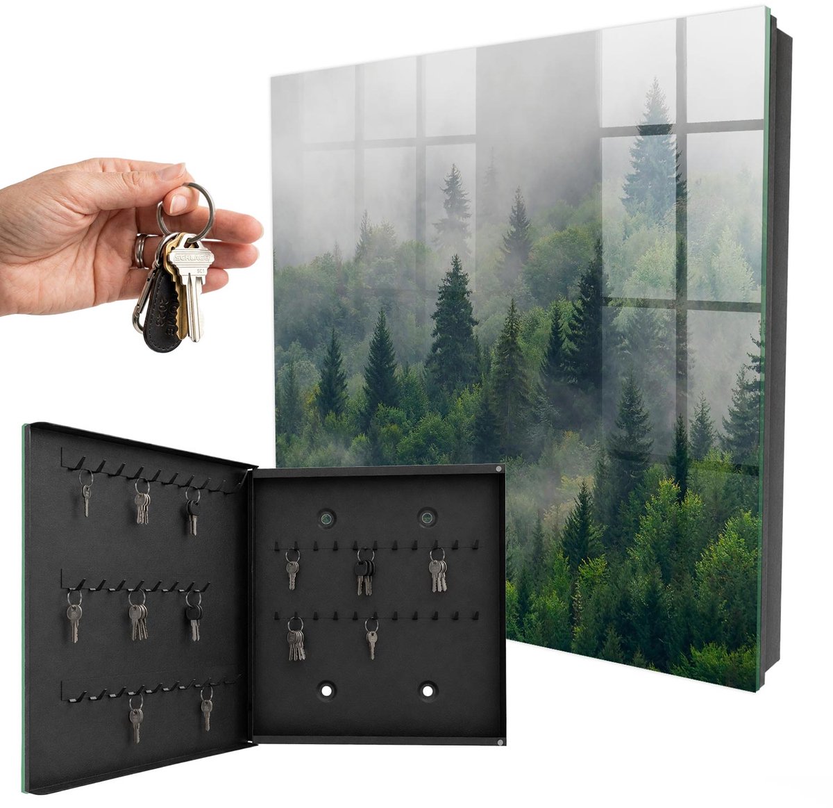 WallMuralia - Sleutelkast - 30x30x5 cm - met 50 haken - Nevelbos Sleutelkastje Industrieel - Groente Sleutelbox - Linksopenend - Zwart interieur