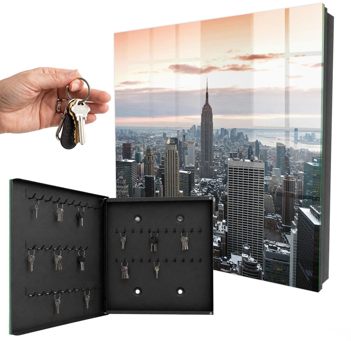 WallMuralia - Sleutelkast - 30x30x5 cm - met 50 haken - Stadspanorama Sleutelkastje Industrieel - Grijs Sleutelbox - Linksopenend - Zwart interieur