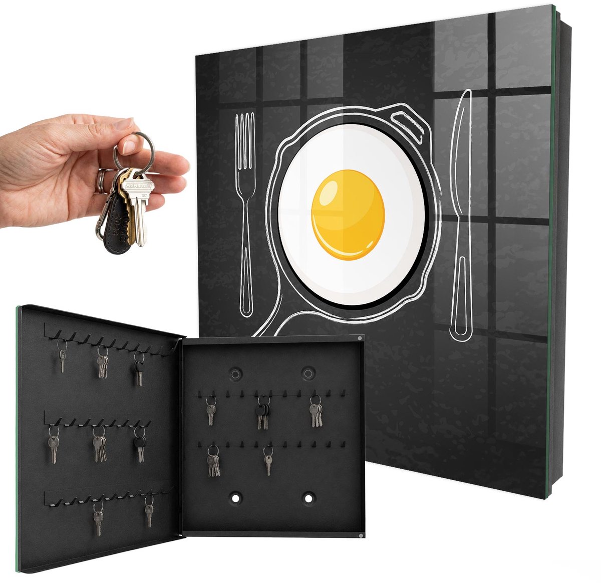WallMuralia - Sleutelkast - 30x30x5 cm - met 50 haken - Gebakken Ei Sleutelkastje Muur - Zwart Sleutelbox - Linksopenend - Zwart interieur