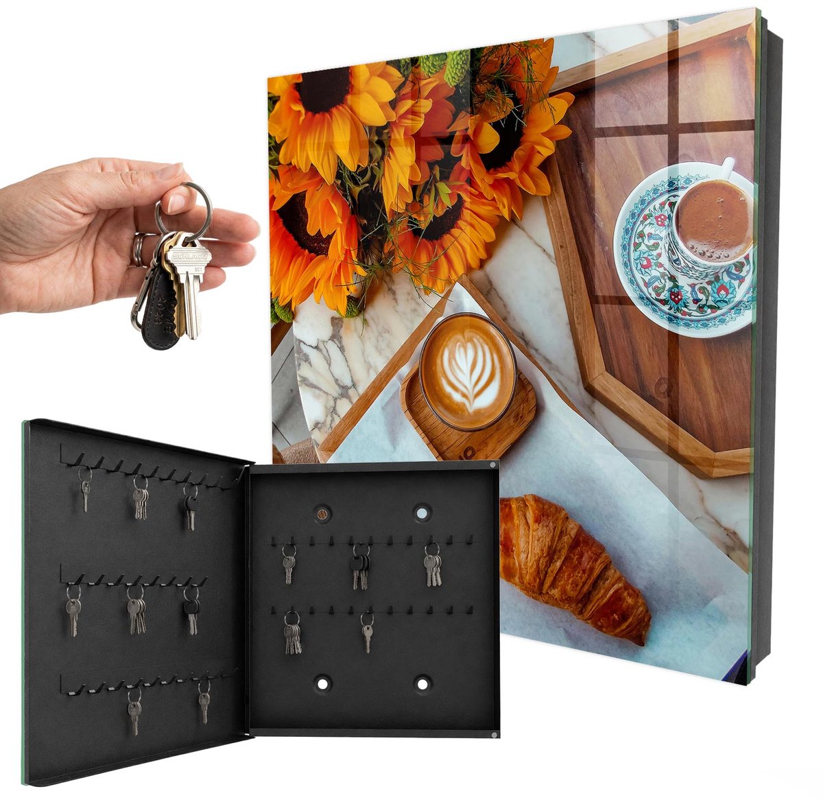 WallMuralia - Sleutelkast - 30x30x5 cm - met 50 haken - Ochtendmomenten Sleutelkastje Binnen - Oranje Sleutelbox - Linksopenend - Zwart interieur