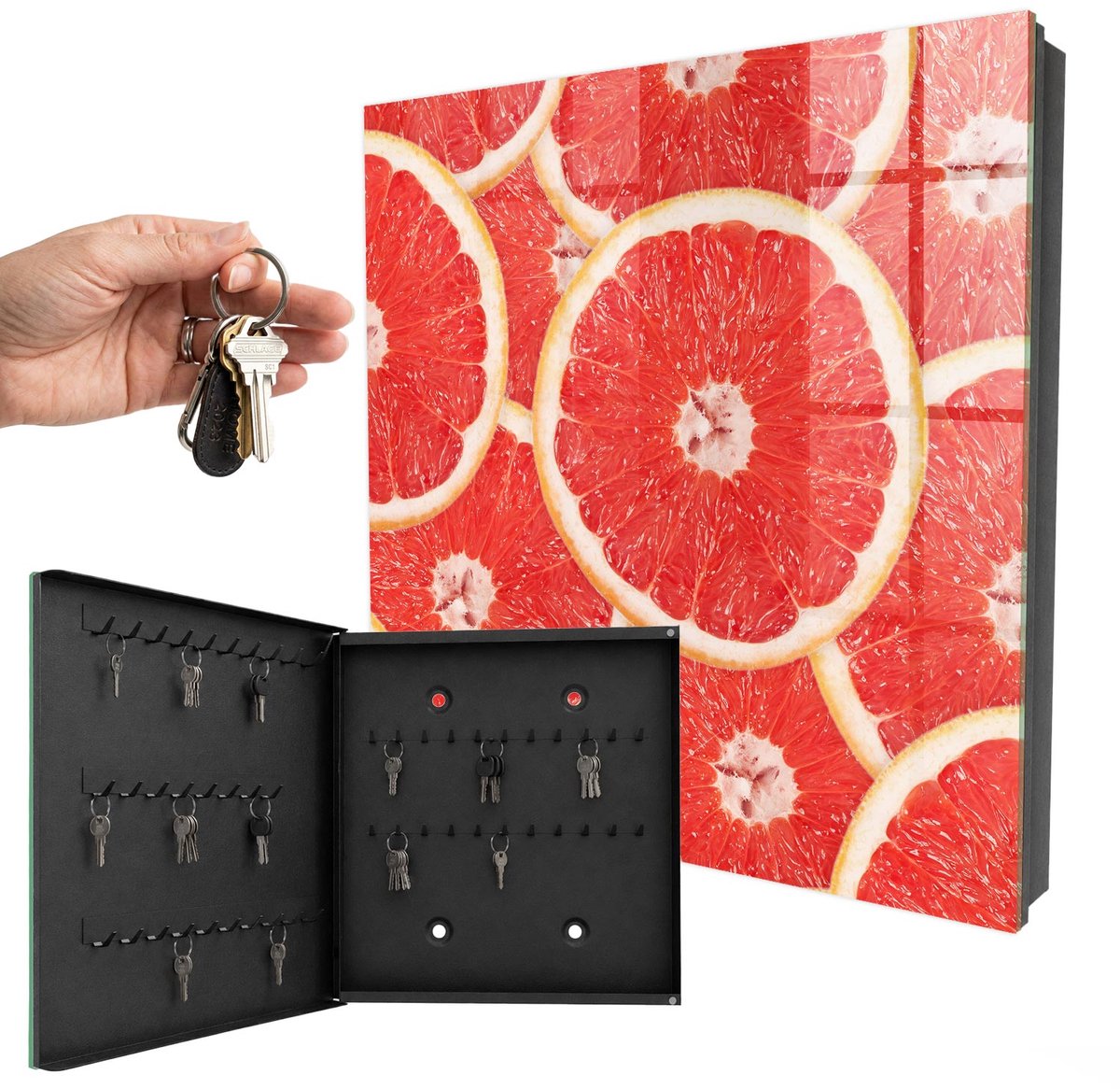 WallMuralia - Sleutelkast - 30x30x5 cm - met 50 haken - Grapefruitschijfjes Sleutelkastje Voor Binnen - Rood Sleutelbox - Linksopenend - Zwart interieur