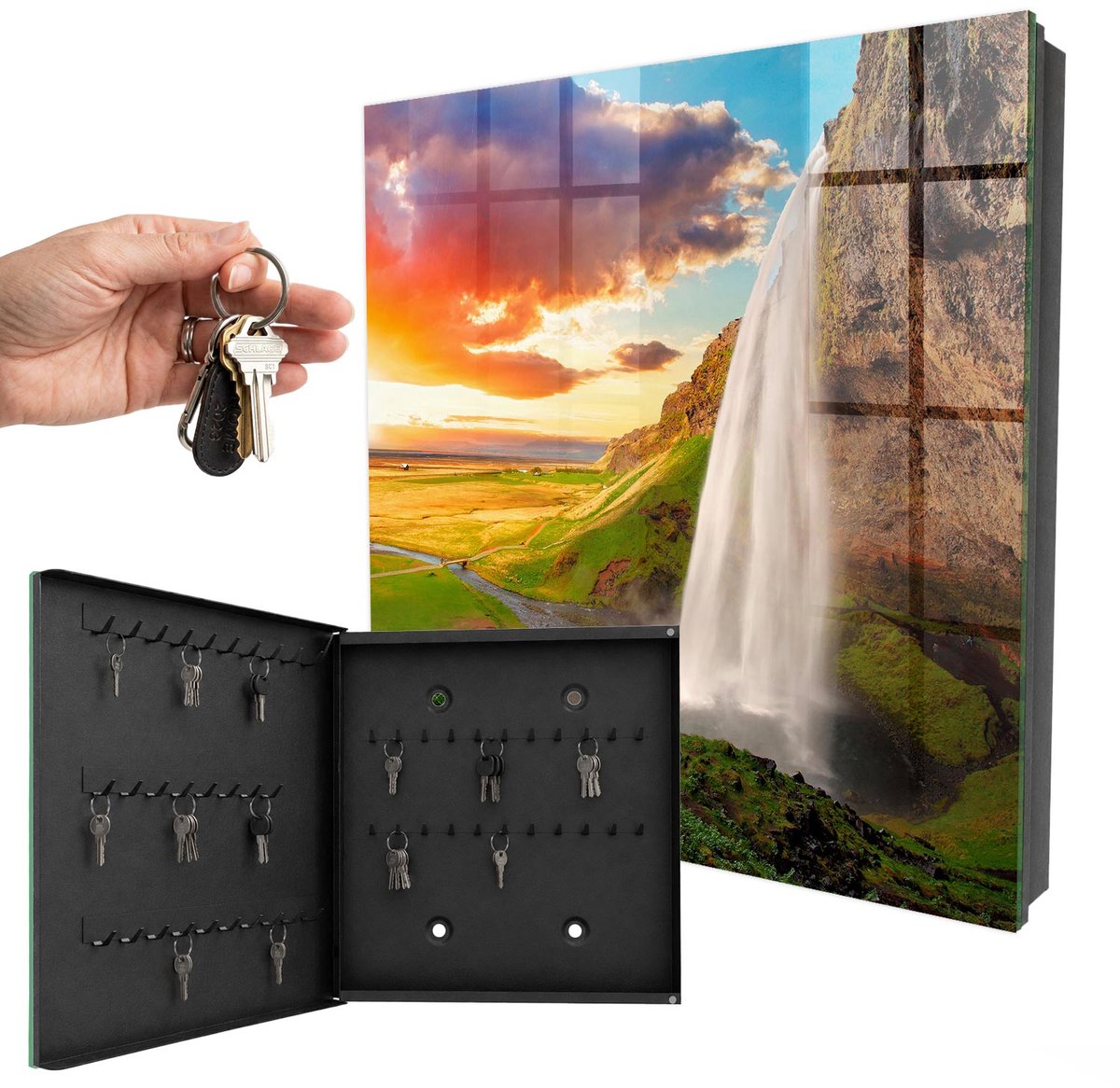 WallMuralia - Sleutelkast - 30x30x5 cm - met 50 haken - Een Adembenemend Landschap Sleutelkastje Landelijk - Groente Sleutelbox - Linksopenend - Zwart interieur