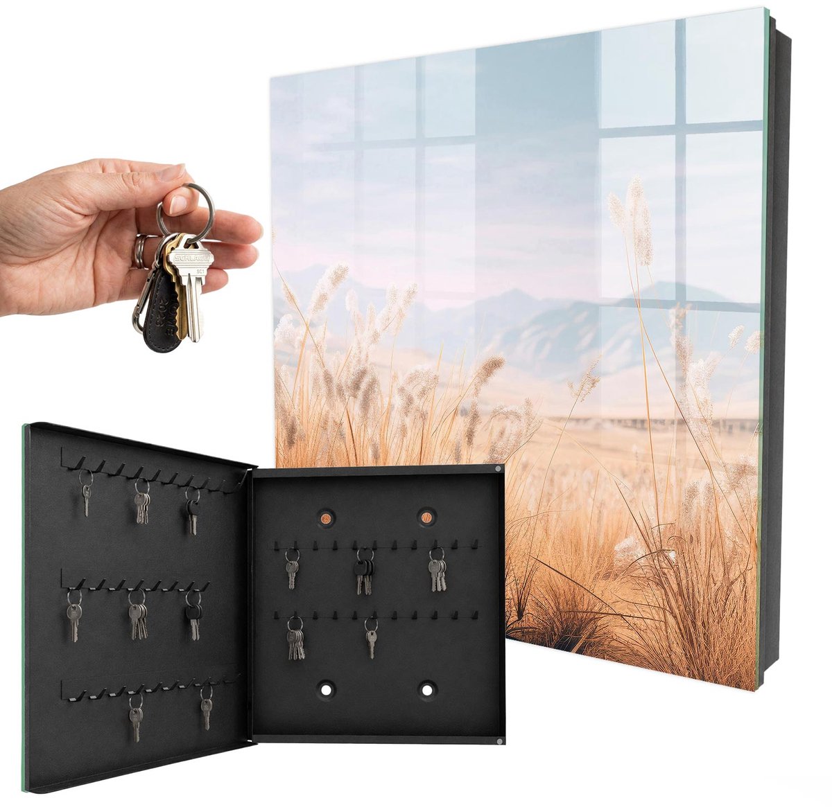 WallMuralia - Sleutelkast - 30x30x5 cm - met 50 haken - Graslandschap Sleutelkastje Klein - Beige Sleutelbox - Linksopenend - Zwart interieur