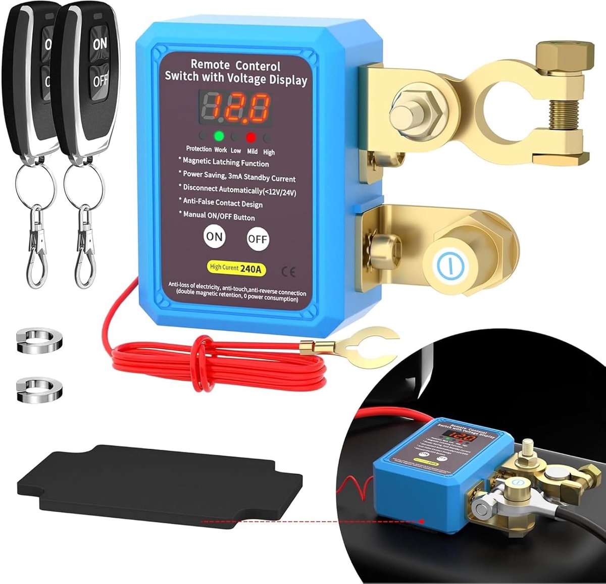 Circuit Accu 12 V, batterijsnijder 240 A, automatische uitschakelschakelaar met 2 afstandsbedieningen, batterijschakelaarrelais (met digitale weergavefunctie)