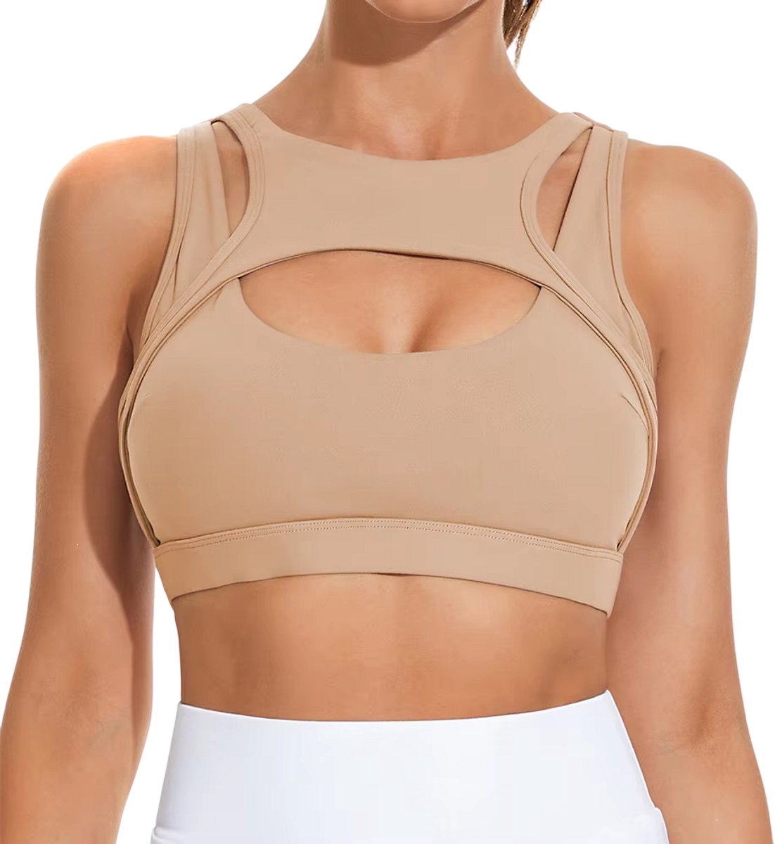 Dames Sporttop Fitness – Effen Kleur Sportbeha met Cups, Strakke Workout Beha voor Gym, Yoga, Hardlopen en Fitness Training - Beige - Maat M