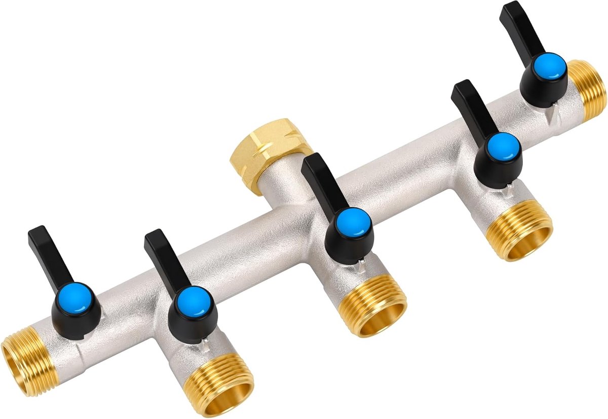 5-weg verdeler (grote stroom), 3/4 inch waterverdeler van vernikkeld messing, verlengde metalen handgreep, grotere uitlaat voor efficiëntere tuinirrigatie