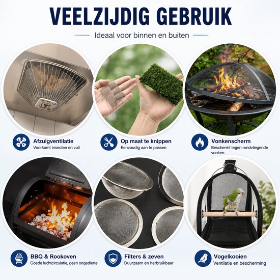 Veelzijdig gebruik van roestvrij gaas: ventilatie, op maat knippen, kampvuur, BBQ, filters en vogelkooi.