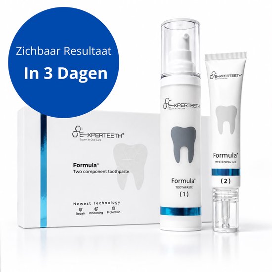 Een witte doos, een witte pompflacon en een witte tube "Formula Whitening Gel" van Experteeth op een lichte achtergrond. "Zichtbaar Resultaat In 3 Dagen" staat op een blauwe cirkel.