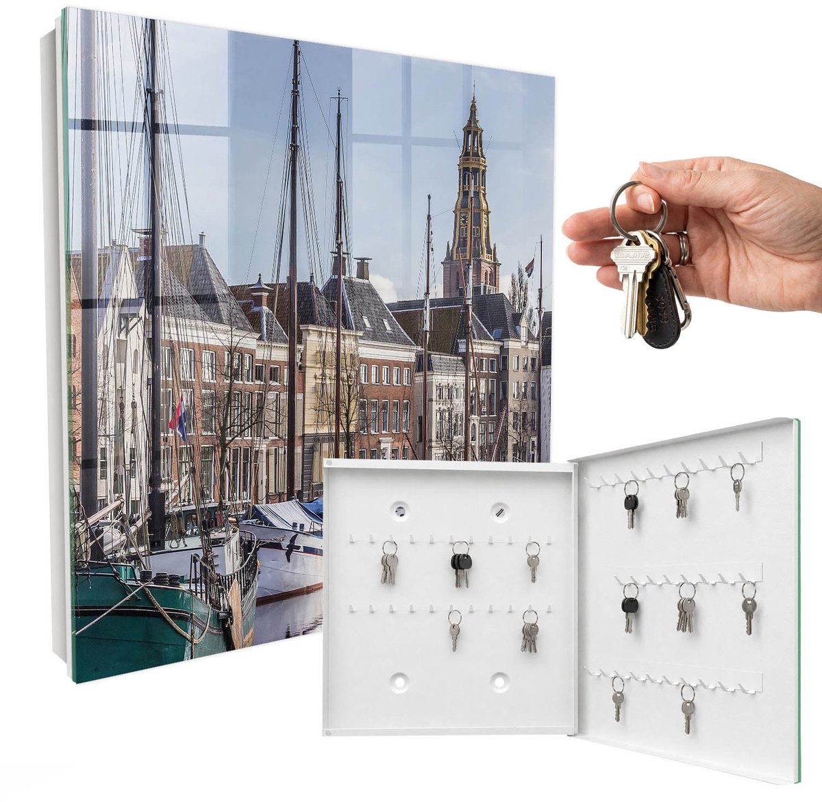 WallMuralia - Sleutelkast - 30x30x5 cm - met 50 haken - Zeilen Op Het Water Sleutelkastje Landelijk - Blauw Sleutelbox - Rechtsopenend - Wit interieur