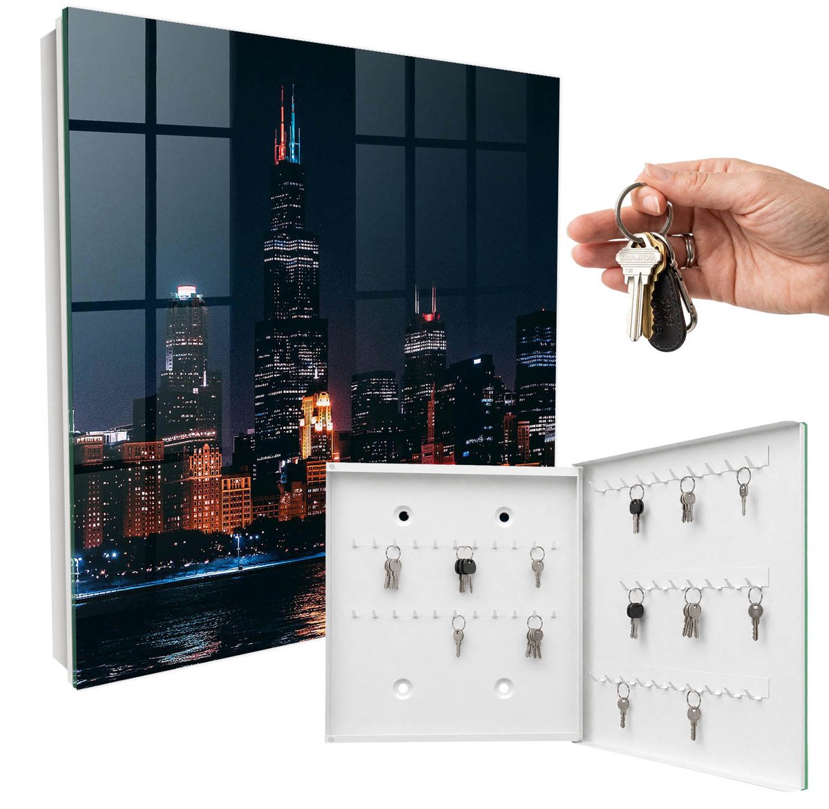 WallMuralia - Sleutelkast - 30x30x5 cm - met 50 haken - Nachtstad Design Sleutelkastje - Zwart Sleutelbox - Rechtsopenend - Wit interieur