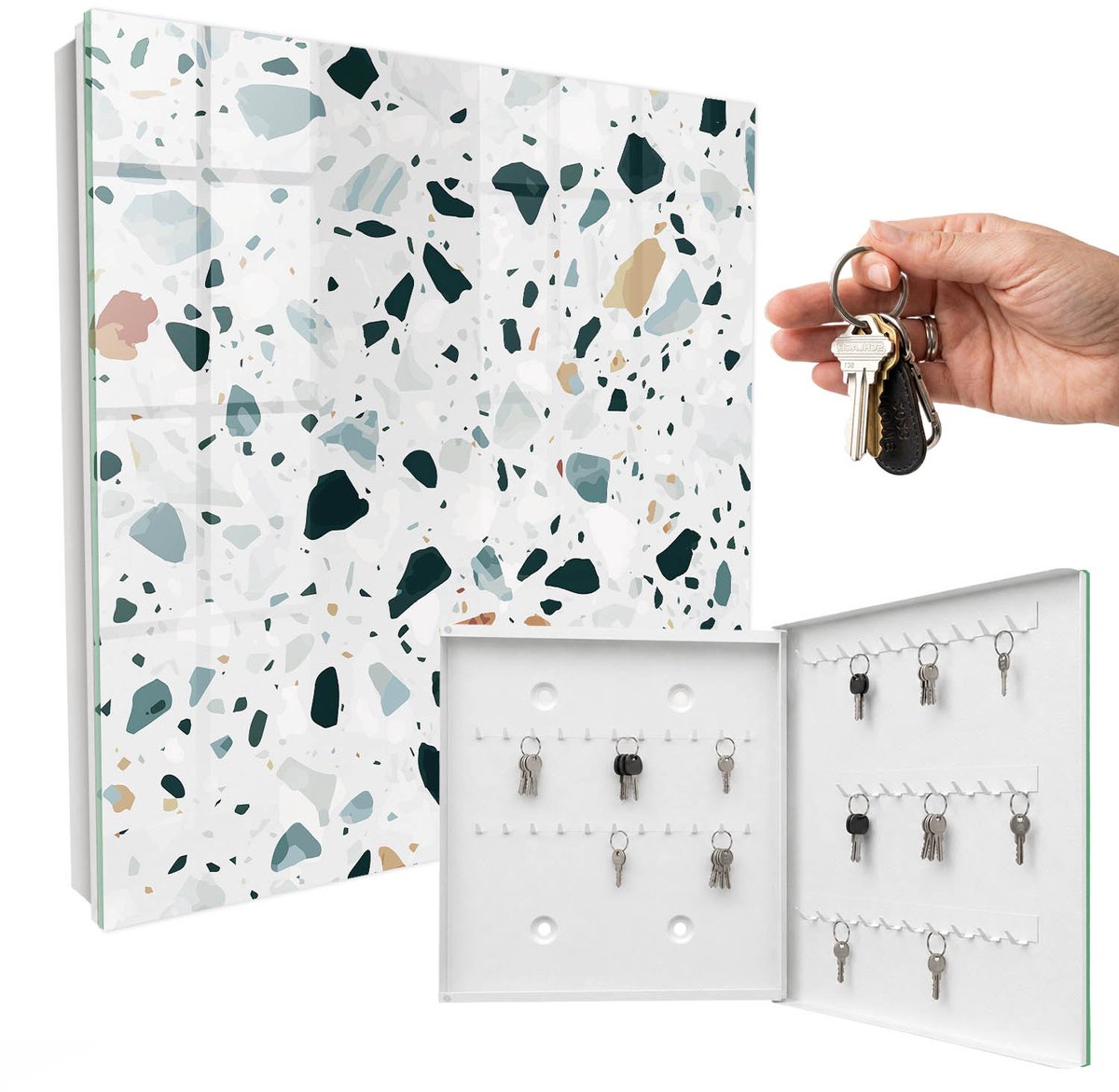 WallMuralia - Sleutelkast - 30x30x5 cm - met 50 haken - Kleurrijke Kiezelstenen Leuk Sleutelkastje - Groente Sleutelbox - Rechtsopenend - Wit interieur