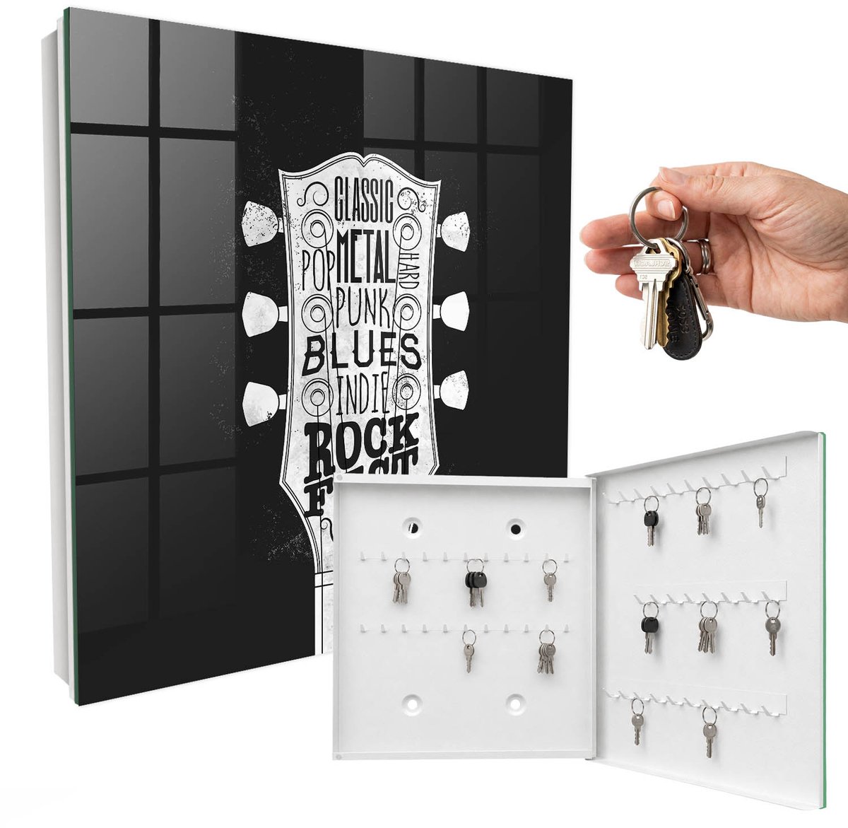 WallMuralia - Sleutelkast - 30x30x5 cm - met 50 haken - Rockfestival Groot Sleutelkastje - Zwart Sleutelbox - Rechtsopenend - Wit interieur