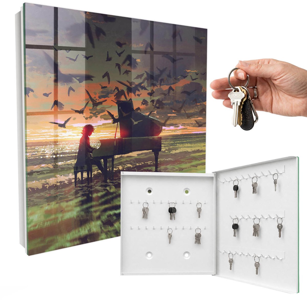WallMuralia - Sleutelkast - 30x30x5 cm - met 50 haken - Harmonie Van De Natuur Sleutelkastje Hal - Oranje Sleutelbox - Rechtsopenend - Wit interieur