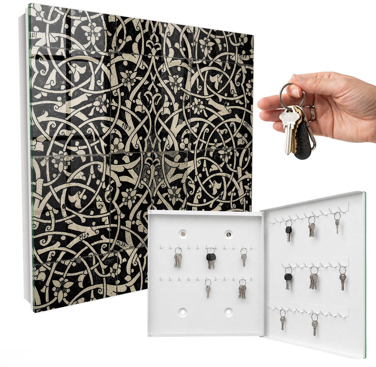 WallMuralia - Sleutelkast - 30x30x5 cm - met 50 haken - Decoratieve Elegantie Sleutelkastje Klein - Beige Sleutelbox - Rechtsopenend - Wit interieur