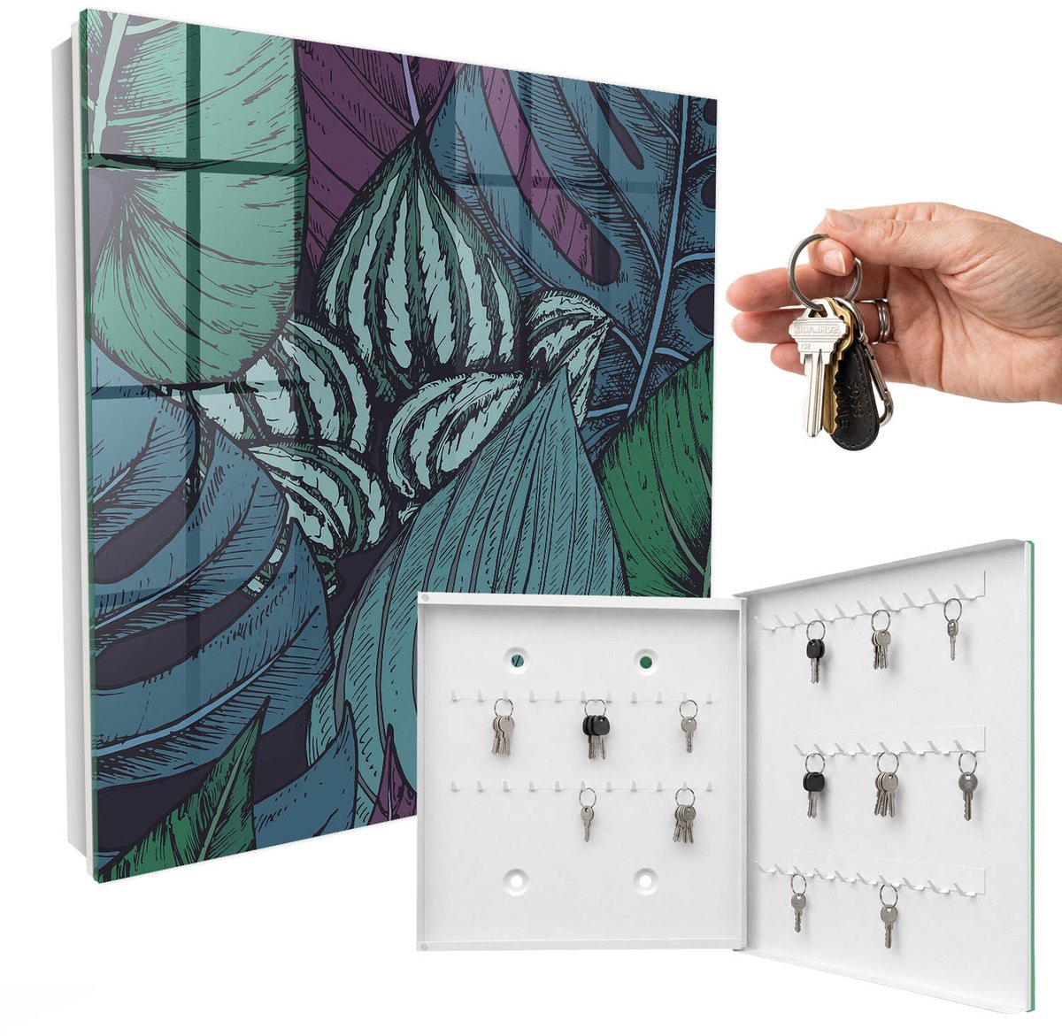 WallMuralia - Sleutelkast - 30x30x5 cm - met 50 haken - Mysterieuze Bladeren Sleutelkastje Design - Groente Sleutelbox - Rechtsopenend - Wit interieur