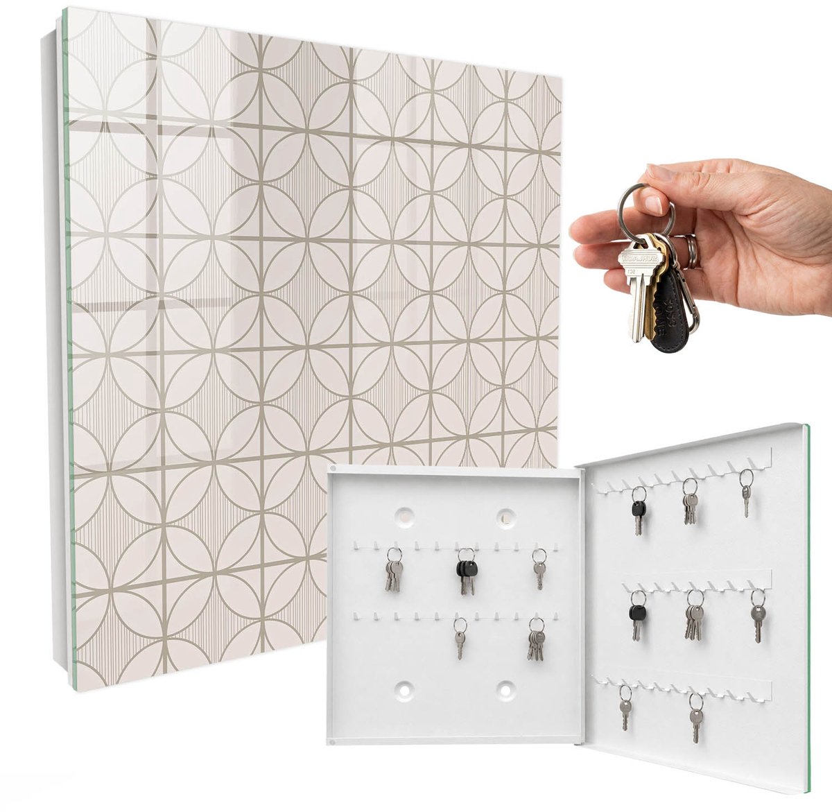 WallMuralia - Sleutelkast - 30x30x5 cm - met 50 haken - Elegante Geometrie Sleutelkastje Muur - Beige Sleutelbox - Rechtsopenend - Wit interieur