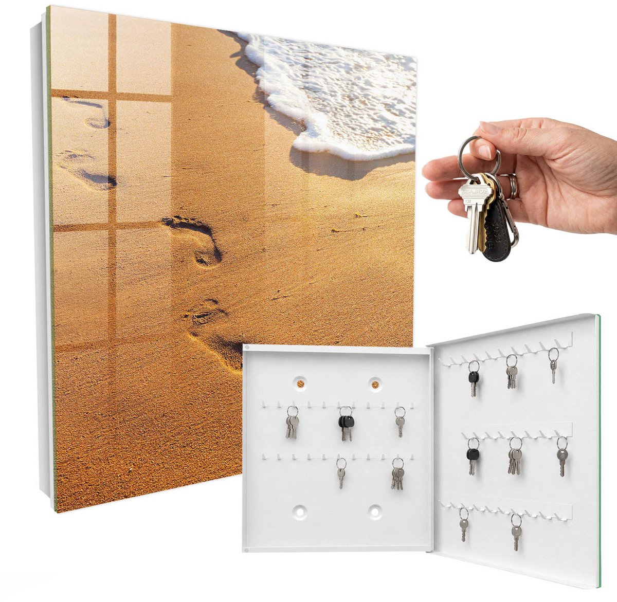 WallMuralia - Sleutelkast - 30x30x5 cm - met 50 haken - De Rust Van Het Strand Sleutelkastje Landelijk - Geel Sleutelbox - Rechtsopenend - Wit interieur