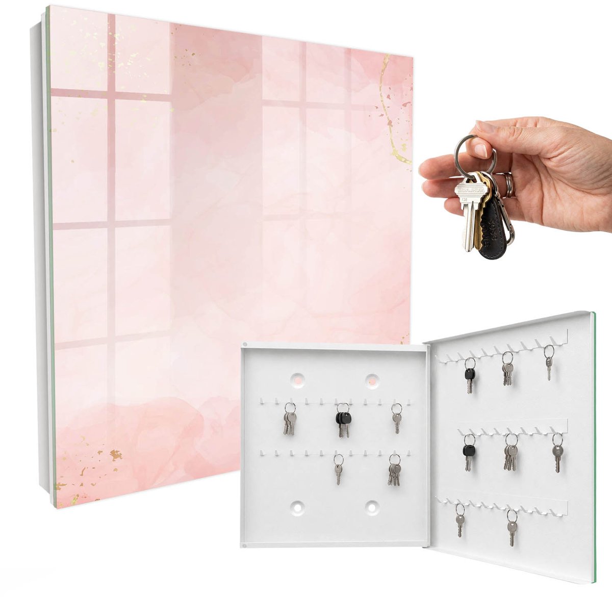 WallMuralia - Sleutelkast - 30x30x5 cm - met 50 haken - Pastel Elegantie Sleutelkastje Landelijk - Roze Sleutelbox - Rechtsopenend - Wit interieur