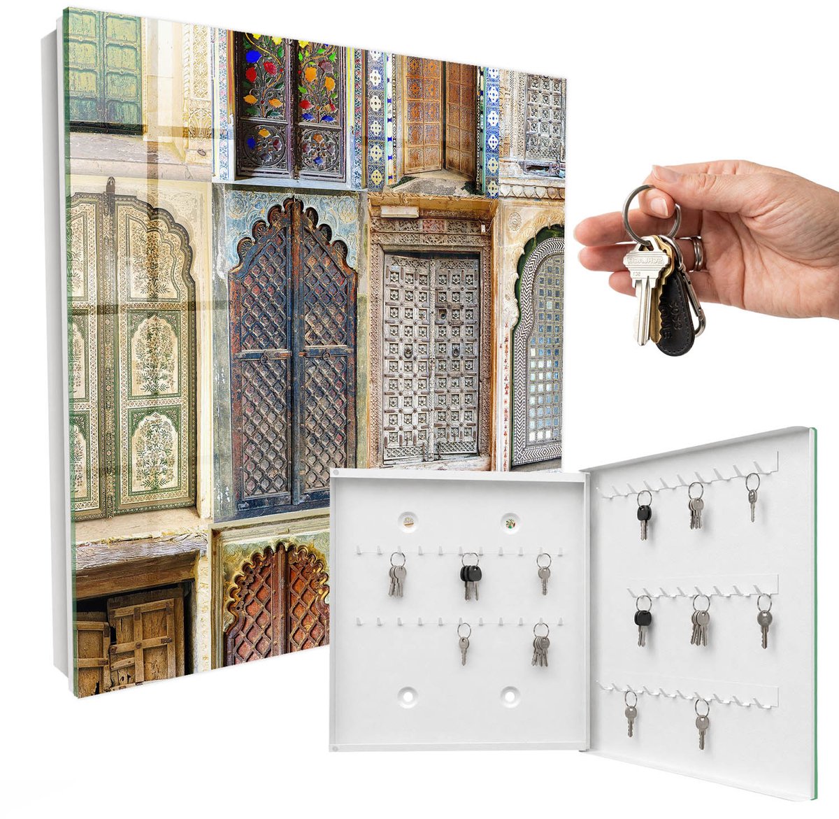 WallMuralia - Sleutelkast - 30x30x5 cm - met 50 haken - Kleurrijke Ramen Sleutelkastje Huis - Geel Sleutelbox - Rechtsopenend - Wit interieur
