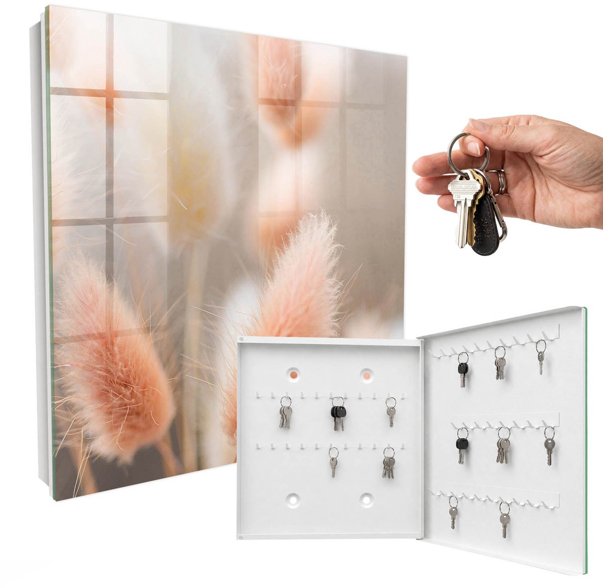 WallMuralia - Sleutelkast - 30x30x5 cm - met 50 haken - De Subtiliteit Van De Natuur Sleutelkastje Hal - Beige Sleutelbox - Rechtsopenend - Wit interieur