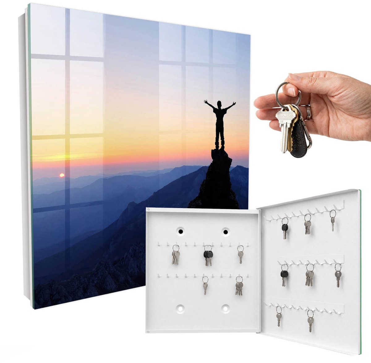WallMuralia - Sleutelkast - 30x30x5 cm - met 50 haken - De Triomf Van De Natuur Sleutelkastje Klein - Blauw Sleutelbox - Rechtsopenend - Wit interieur