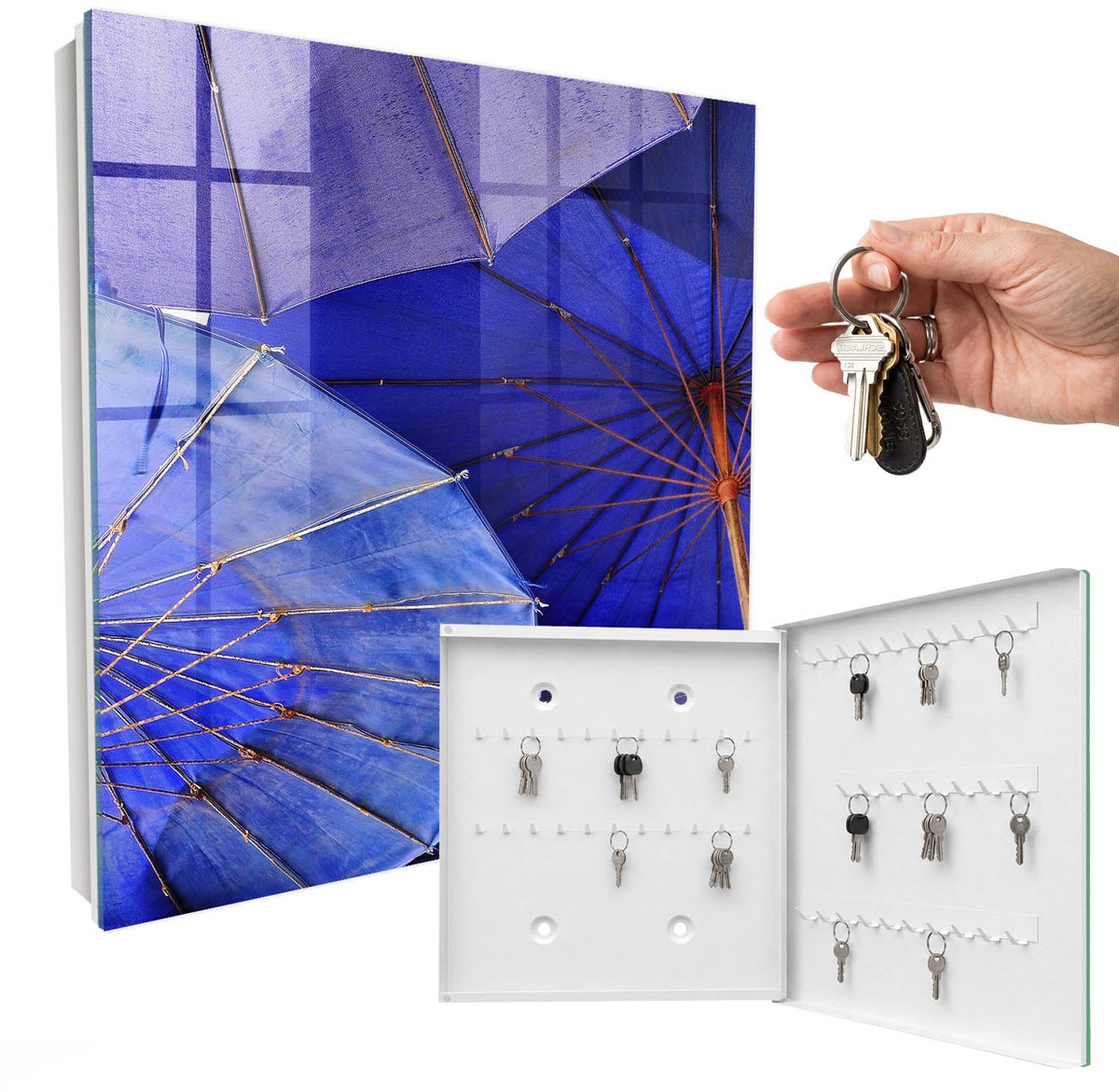 WallMuralia - Sleutelkast - 30x30x5 cm - met 50 haken - Blauwe Paraplu'S Leuk Sleutelkastje - Blauw Sleutelbox - Rechtsopenend - Wit interieur