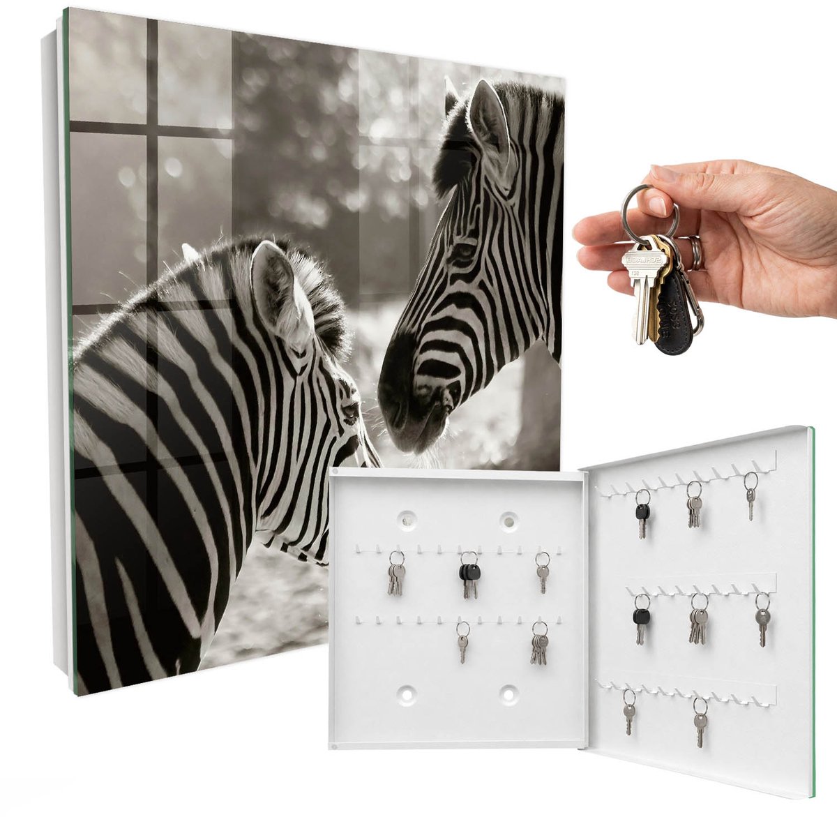 WallMuralia - Sleutelkast - 30x30x5 cm - met 50 haken - Zebra'S Samen Sleutelkastje Landelijk - Zwart-Wit Sleutelbox - Rechtsopenend - Wit interieur