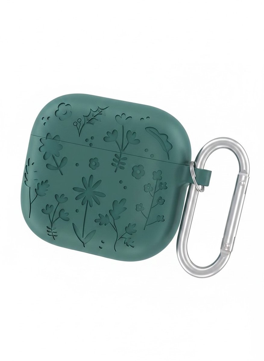 Enluxe Case geschikt voor Airpods 4 - Wilde Bloemen Donkergroen - Siliconen Hoesje met Reliëf en Karabijnhaak