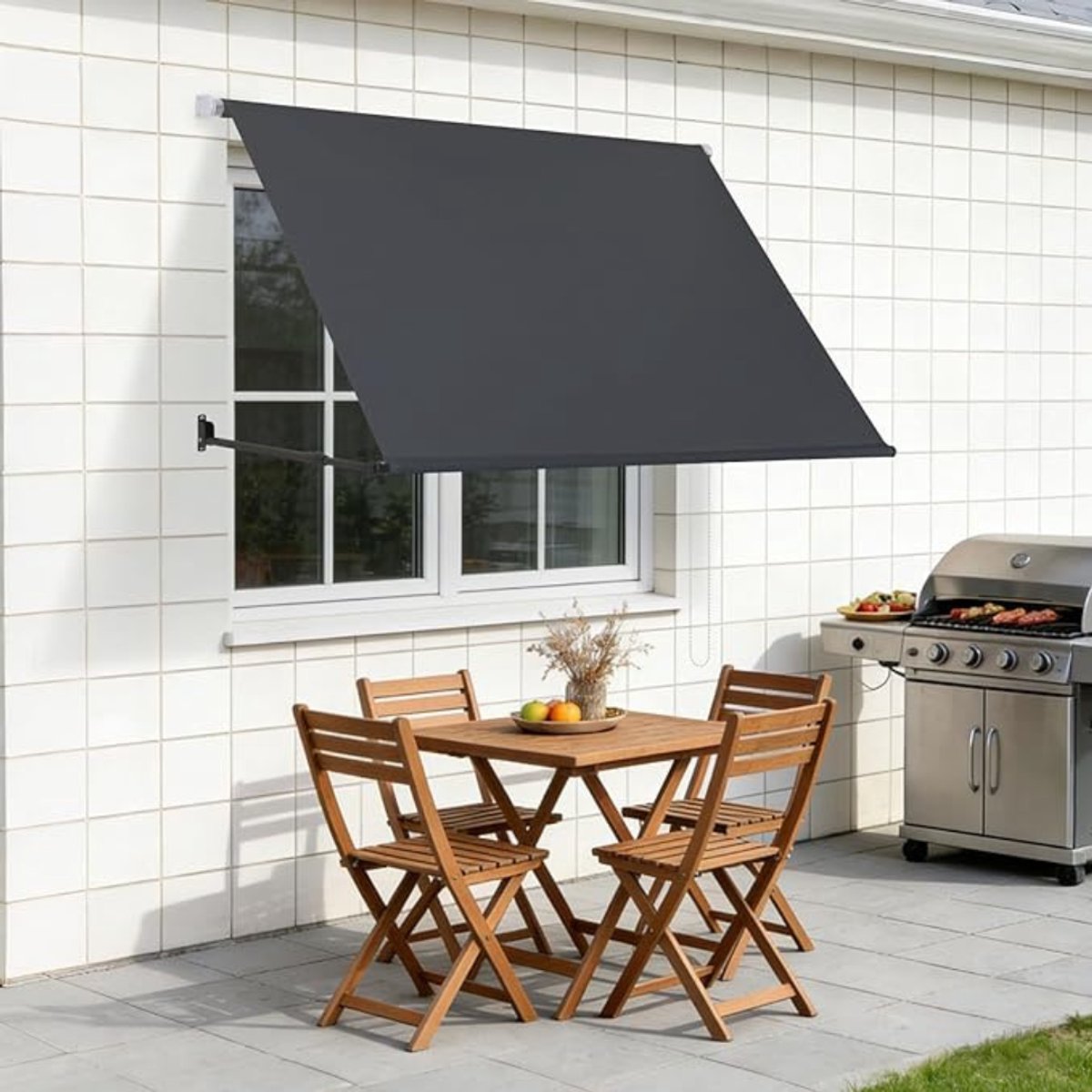 Verte Luifel - Zonwering met Neerklapbare Arm - Intrekbare Zonwering - Steunarm 70-120 CM - Verstelbare Parelketting van 2 m - Wandmontage - Zon- en Windbescherming voor Balkon - Terras - Tuin - Donkergrijs - 150 x 150 CM