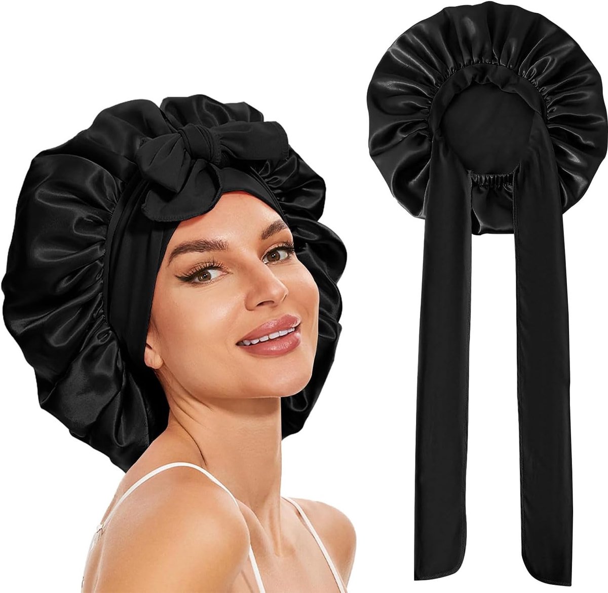 Zijden motorkap om te slapen, zijden bonnet, verstelbare haarmuts van zijde, bonnet slaapmuts, satijnen haarkap voor dames, zijden kap voor lang haar, krullen, haarkap voor 's nachts (zwart)