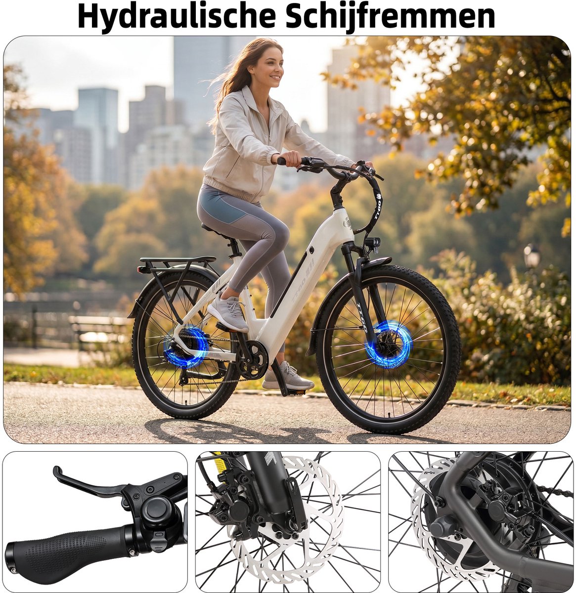 TTGO C5 Elektrische Fiets – 250W Motor – 48V 13.5Ah Accu – 90-110 km Bereik – 27.5"×2.4" Banden – Drievoudige Vering – Shimano 7s – Hydraulische Schijfremmen - Wit thumbnail 6