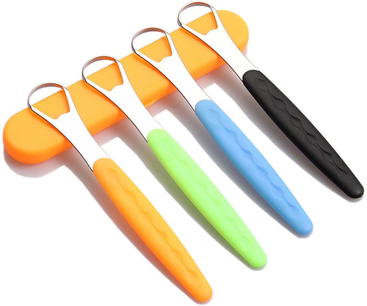 Set van 4 tongschrapers voor volwassenen – roestvrijstalen tongschraper met opberg-etui – geschikt voor dagelijks gebruik thuis en op reis – garandeert diepe reiniging voor een frisse adem.