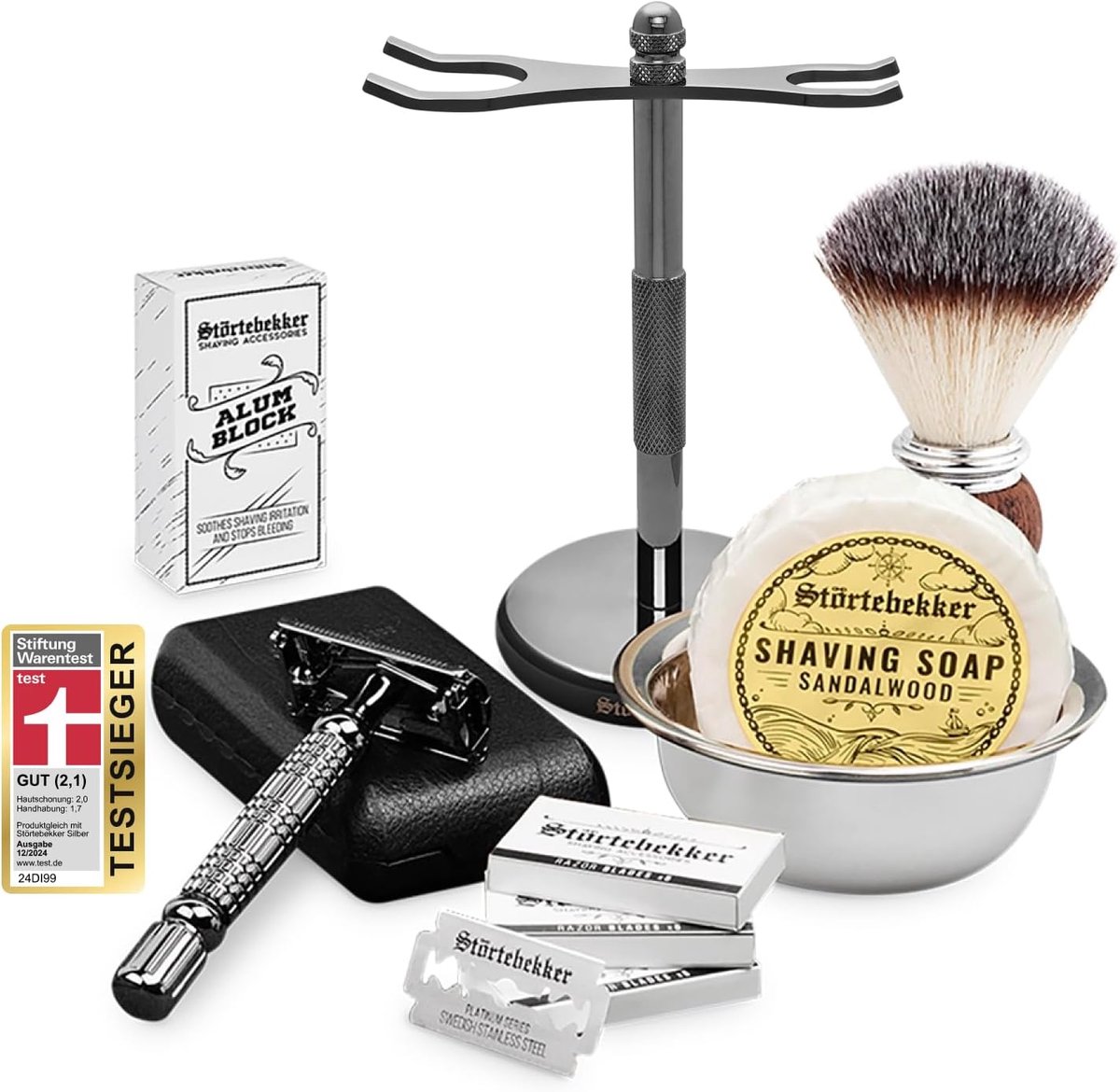 Störtebekker® Premium Gentleman Essential Set - Compleet Scheerset voor de Perfecte Scheerbeurt - met Scheermes (Zwart), Scheerkwast, Scheerzeep, Scheerkom, Scheermesjes, Scheerstandaard (Zwart) & Aluinsteen - Safety Razor Shaving Set for Men