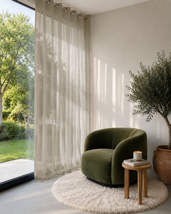 HOOMstyle kant en klaar gordijn met ringen Aura - Vitrage - Voile - Geschikt voor gordijnroede - 140x270cm - Zand / Beige