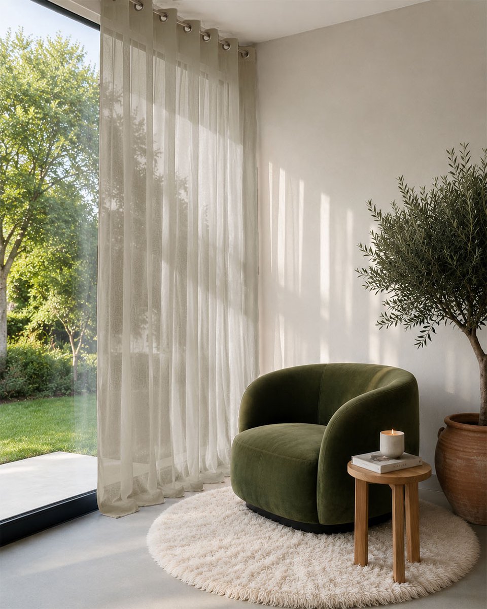 HOOMstyle kant en klaar gordijn met ringen Aura - Vitrage - Voile - Geschikt voor gordijnroede - 140x270cm - Zand / Beige Zand / Beige, Ringen