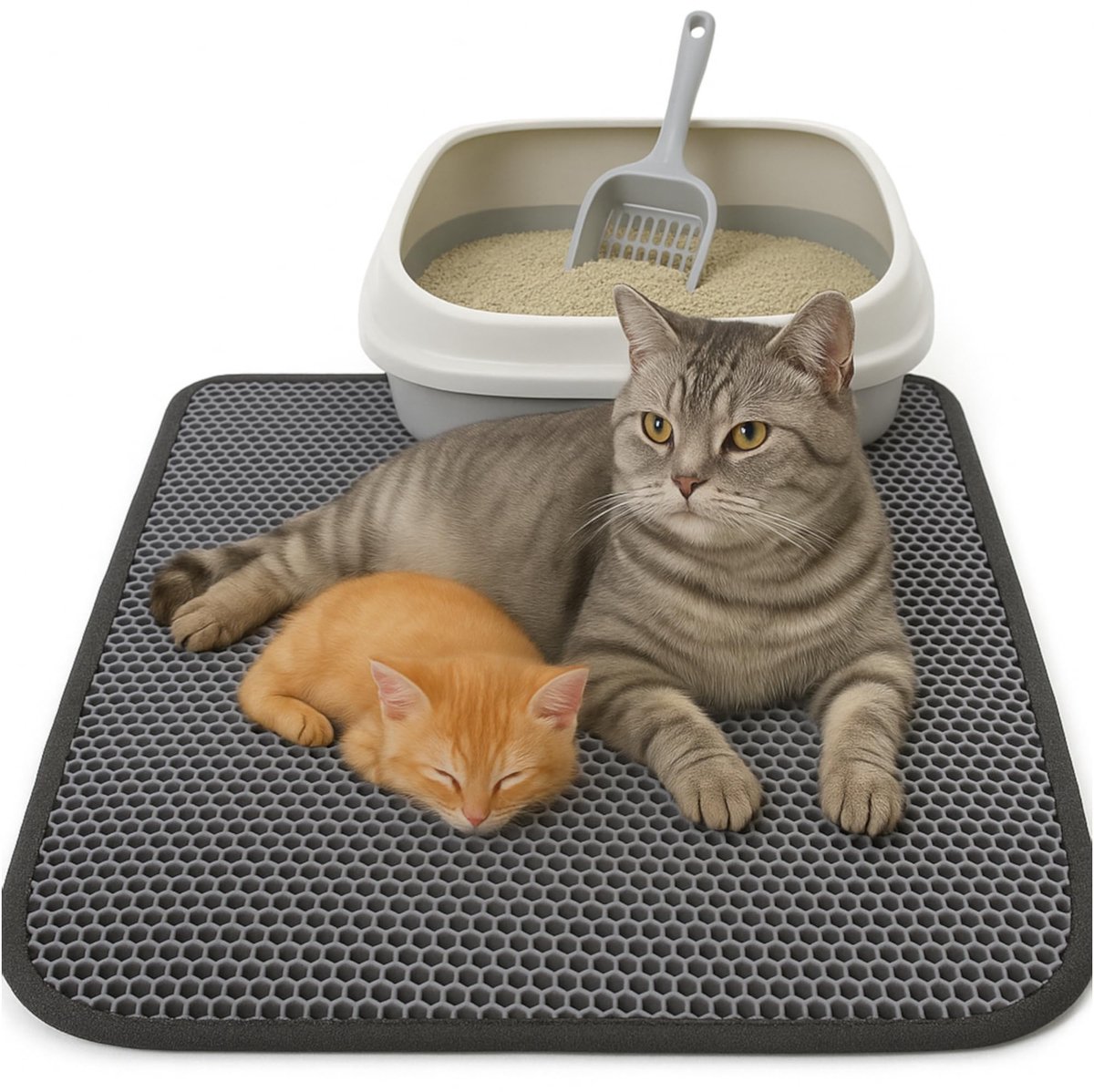 Kattenbakmat 60 x 120 cm - Extra Grote Kattenbak Onderlegmat met Honingraat Design - 2-Laags Waterdichte Kattenbakmat voor Opvang van Kattenbakvulling - Zachte en Duurzame Uitloopmat - Eenvoudig Schoon te Maken - Grijs
