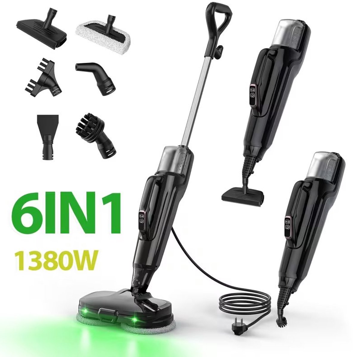 6-in-1 Stoomdweil en Handstoomreiniger met 6 Accessoires, 500ml Watertank, 25 min Gebruikstijd, Snel Opwarmen 15s, voor Hardhout/Tegels/Laminaat/Tapijt.