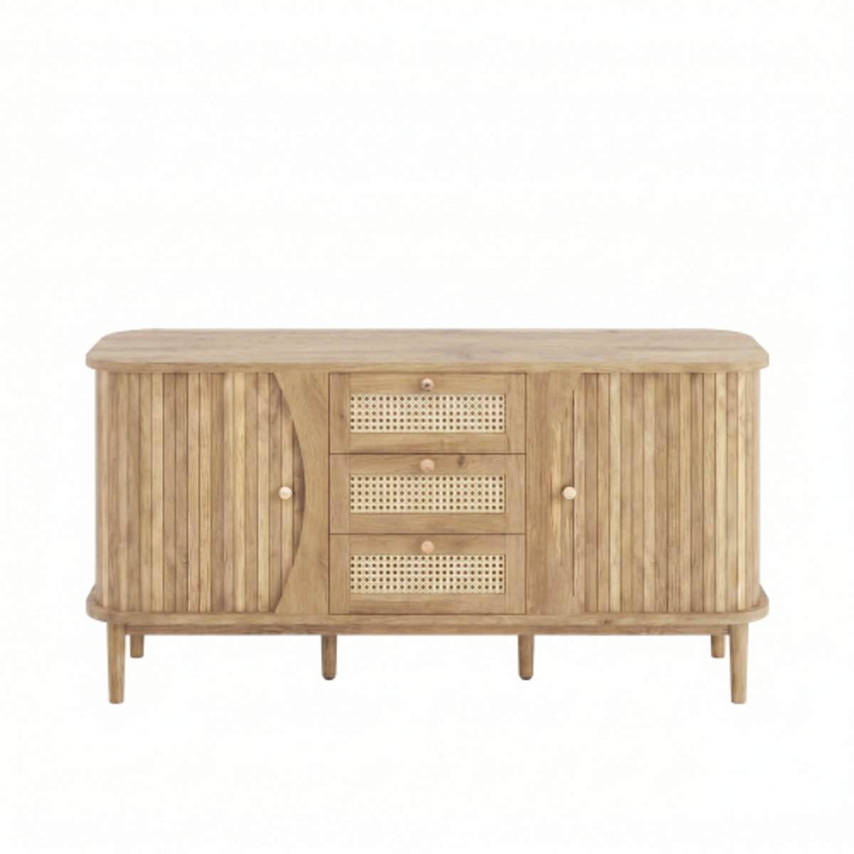 COLAMY Dressoir - Rotan Deuren - Schuifdeuren - Verstelbare Planken - Afgerond Bovenblad