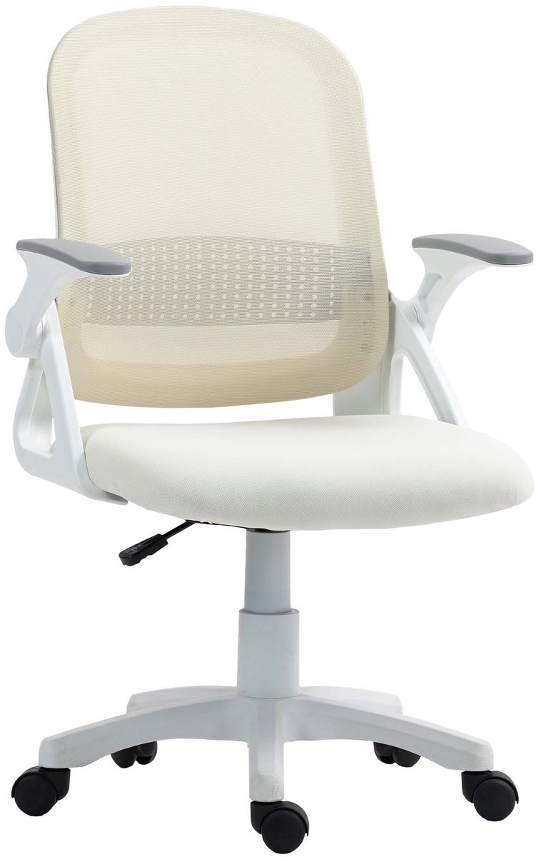 Bureau stoel computerstoel studie stoel ergonomische draaistoel 57.5x60x91-101 cm wit met ademende rugleuning inklapbare armleuningen en lumbale ondersteuning verstelbare hoogte stevig metalen frame geschikt voor kantoor en studeerkamer