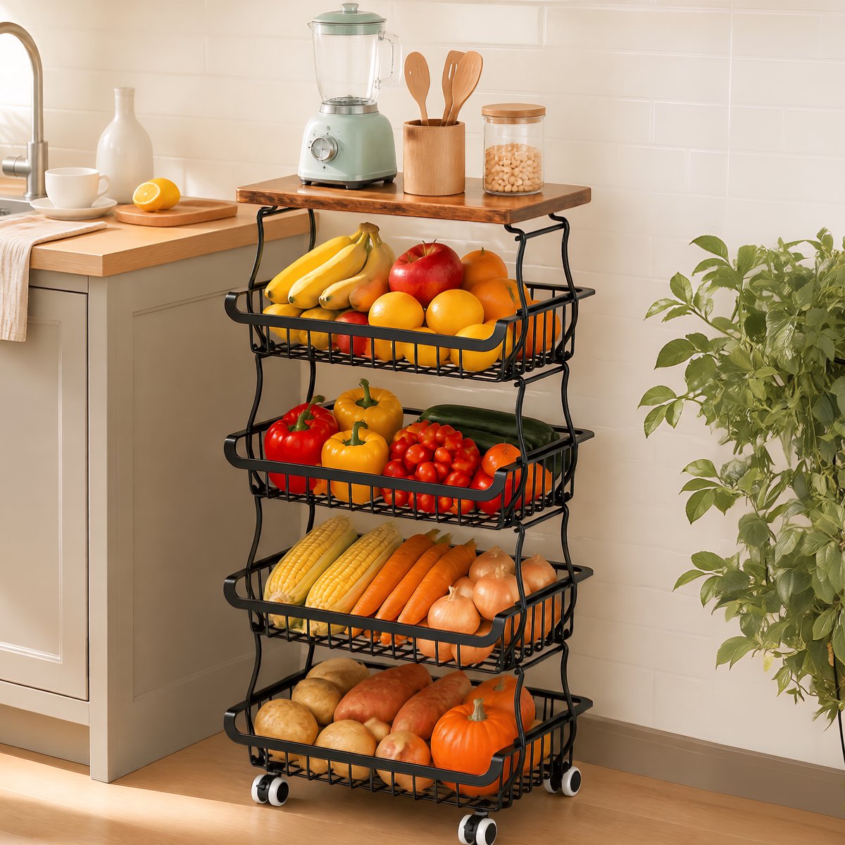 5-laags groente- en fruitrek op wielen - Zwarte keukentrolley met draadmanden en houten bovenblad - 94 x 40 x 30 cm - Voor keuken en voorraadkast