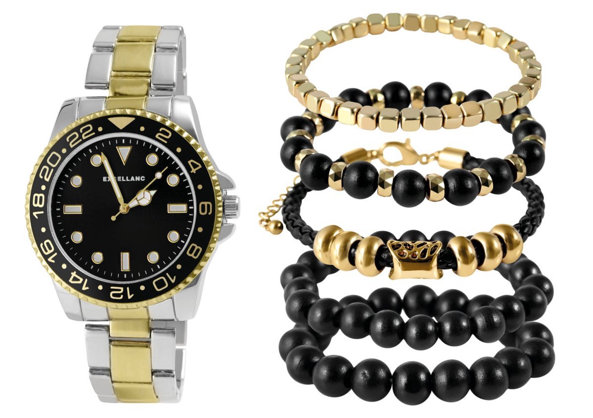 Excellanc herenhorloge geschenkset horloge en vijf armbanden goudkleurig/zwart